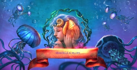 SEASHELLS & JELLIES - JELLYFISH, FEMALE, MERMAID, OCEAN, SEASHELLS, BUBBLES