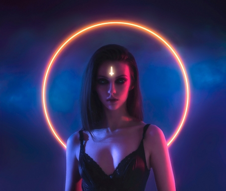 Neon witch - sergey shetukhin, fantasy, pink, luminos, girl, neon witch, blue