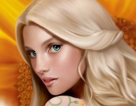 Beauty - tattoo, fantasy, yellow, girl, blonde, face, luminos