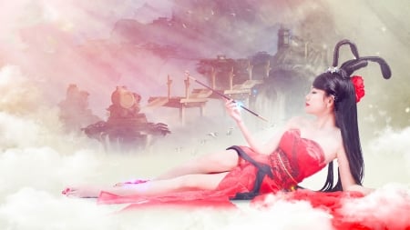 Asian Beauty - digital, pretty, beautiful, girl, art, fantasy, geisha, city, female, asian, woman