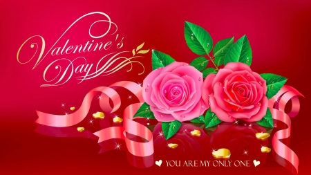 Valentine's Day - roses, water, drops, leaves, flowers, water drops, Valentines Day, Valentines, hearts, ribbons