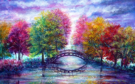 Beautiful Trees - sky, trees, river, beautiful, colorful, water, bridge