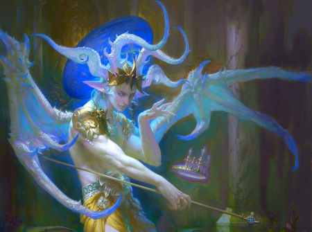 Demon - blue, god, jingpeng xu, man, frumusete, fantasy, art, luminos, demon