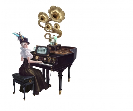 The pianist - white, pianist, girl, hat, luminos, instrument, wenfei ye, fantasy