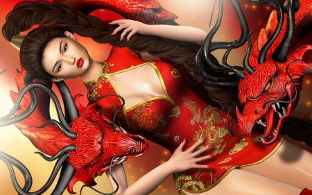 Girl and dragons - rendering, girl, red, dragon, kimono, asian, fantasy