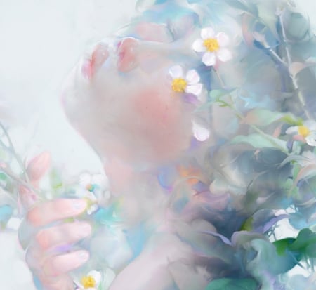 Bidens Pilosa - face, flower, soft, girl, frumusete, blue, art, bidens pilosa, fantasy, nguyen thanh nhan, luminos