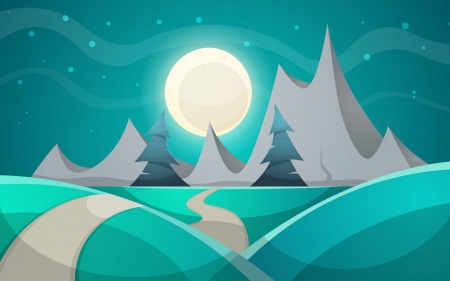 Moonlight - moon, blue, vector, night, mountain, tree, fantasy, white, luminos, luna