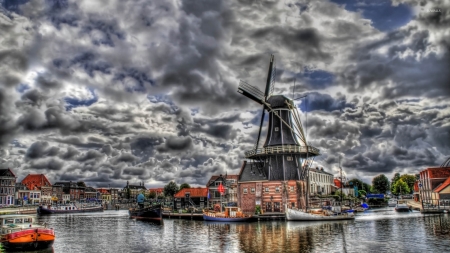 Fluffy Clouds Over The Windmill - nature, sky, clouds, windmill, boat