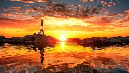 Lighthouse at Midbrdya Island - clouds, nature, lighthouse, island, sea, reflection, sky