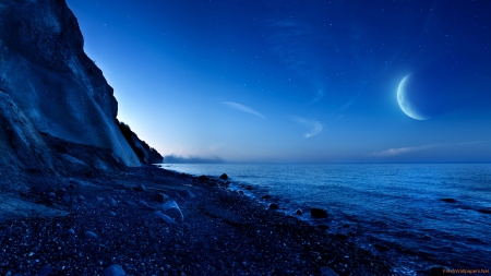 Nightfall Mountains Sea and Moon - nightfall, moon, nature, sky, mountains, sea