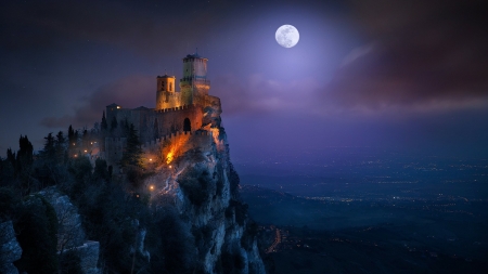 Guaita Fortress at Night, San Marino - nature, europe, cliff, night, rocks, castle, sky, moonlight