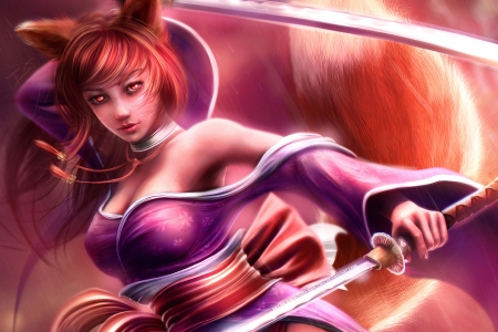 Rin - tails, girl, eddyshinjuku, fantasy, fox, rin, katana, luminos, pink, orange, sword