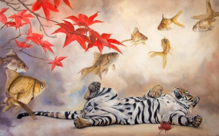 Sweet dreams - oarnage, autumn, leaf, dream, fantasy, tigru, irenadem, painting, art, luminos, red, fish, animal, pictura, tiger