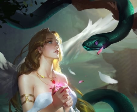 Rescue - snake, girl, feather, angel, pink, fantasy, white, green, wings, zhongyang han, art, luminos