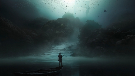 Underwater - boat, sea, silhouette, ocean, man, fantasy, summeer, fish, luminos