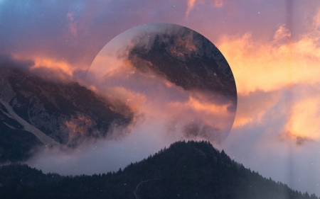 Moon - moon, mountain, luminos, fog, luna, planet, fantasy, mist