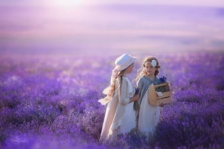 Little girls - summer, purple, copil, pink, girl, lavander, children, field, couple, irina nedyalkova