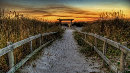 Sunset Pathway - beach, sunrise, grass, fence, rustic, path, Firefox Persona theme, sunset, arch, sky