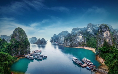 Halong Bay in Vietnam - vietnam, boats, marina, bay, rocks