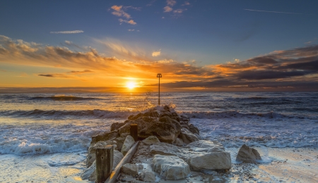 Stones on the Sea - clouds, sunset, nature, waves, sea, stones, sky