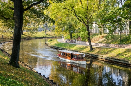 Latvia Parks - trees, nature, riga canal, autumn, motorboat, park