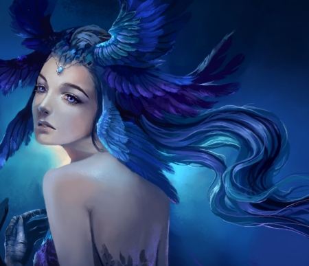 Little harpy - jyundee, fantasy, little harpy, blue, wings, girl, luminos