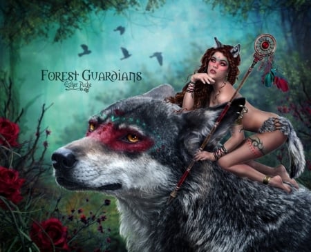 Forest guardians - red, animal, lup, girl, wings, wolf, estherpucheart, fantasy, fairy, luminos, esther puche art, green