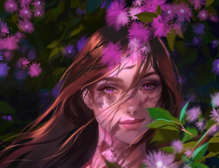 Spring - jyundee, fantasy, green, girl, spring, flower, pink, luminos