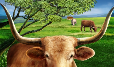 Horns - animal, cow, tree, fantays, green, horns