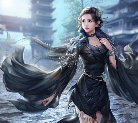 Fantasy girl - girl, luminos, blue, 3q studio, asian, black, fantasy