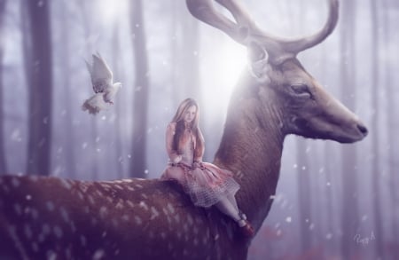 My deer - girl, bufnita, forest, pink, horns, owl, fantasy, animal, rafy a, deer, luminos