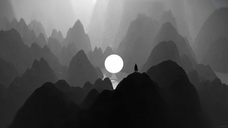 Moonlight - moon, black, fantasy, white, silhouette, man, mountain, luna