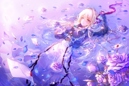 Violet Evergarden - anime, water, summer, blue, girl, ekh, pink, manga, rose, violet evergarden