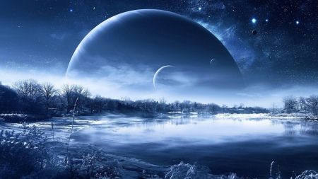 Winter Landscape - moon, winter, blue, planet, landscape, night, nature, cold, lake, art, sky