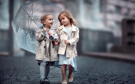 Two little girls in the rain - girl, couple, rain, copil, white, children, blue, umbrella, little