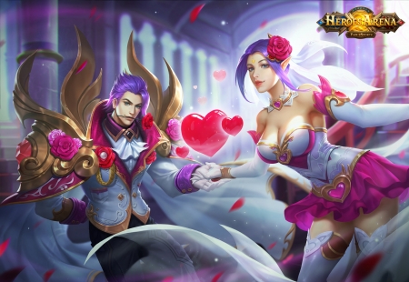 Fantasy couple - game, heart, heroes arena, girl, pink, man, exia xiaotong, frumusete, fantasy, sweetheart, valentine, couple, luminos