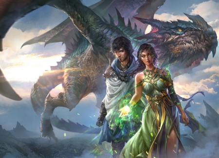 Fantasy couple and a dragon - blue, jeremy chong, girl, man, frumusete, fantasy, dragon, green, couple, luminos