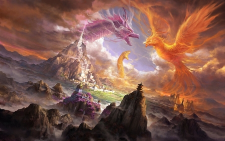 Phoenix vs. Dragon - battle, mountains, art, rocks, sky