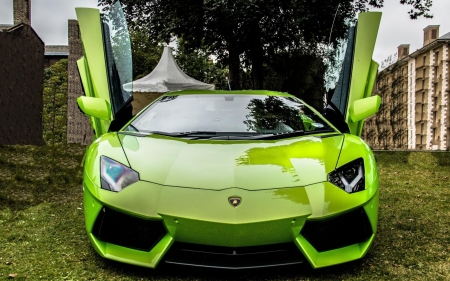 green lamborghini - buidling, grass, car, laborghini