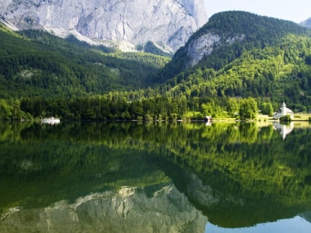 Reflecting Lake - trees, nature, lake, forest, mountains, reflection, rocks, gruner