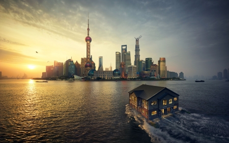 shanghai sunset - buidling, city, houseboat, shanghai