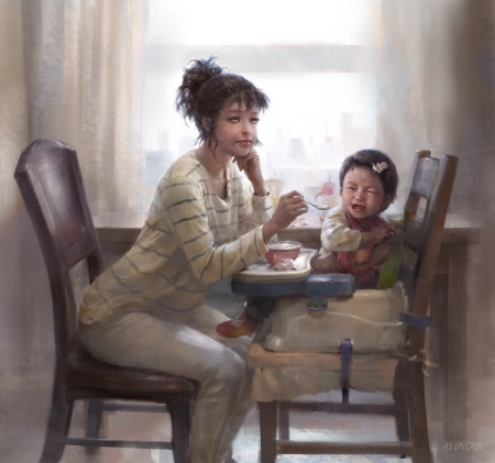 Please, eat! - woman, girl, mother, copil, fantasy, alon chou, art, baby, luminos, chil