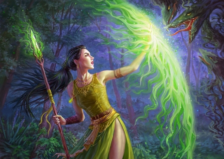 Magic shield - magic shield, blue, girl, kremena chipilova, fantasy, dragon, green, art, luminos