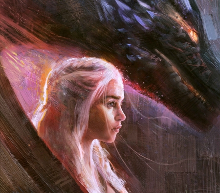 Daenerys - game of thrones, rmusiclife, girl, pink, daenerys targaryen, fantasy, dragon, art, luminos