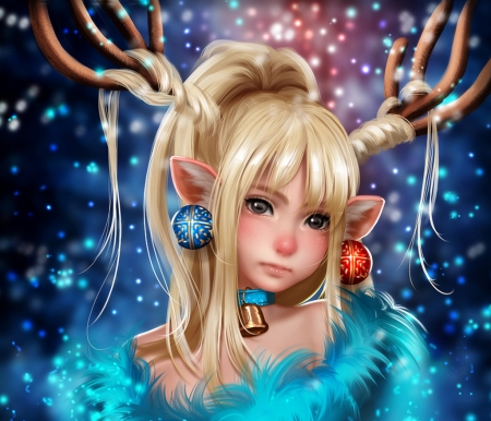 Rudolph - blue, girl, blonde, horns, christmas, nefrubi, elf, fantasy, craciun, reindeer, luminos