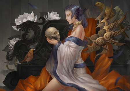 Fantasy girl - skull, bones, girl, rororei, chinese mythology, fantasy, art, luminos, orange, flower