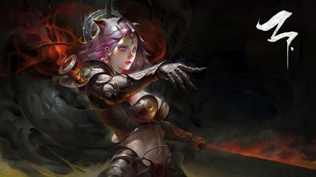 Fantasy girl - wd, warrior, girl, pink, armor, fantasy, hand, art, luminos