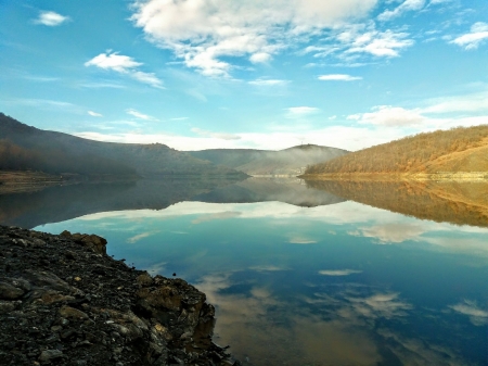 reflections in lake - kosovo, lake, prishtina, badovci