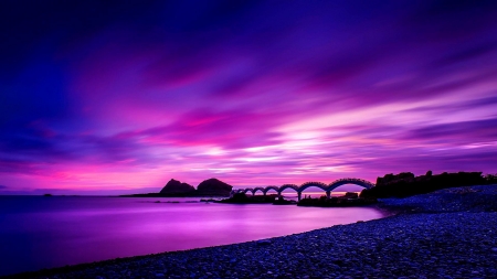 Footbridge at Sanxiantai,Taiwan - footbridge, nature, purple, sea, ocean, sky