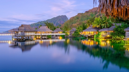 Morning at Bora Bora - cottage, nature, ocean, trees, bora bora, mountains, sea, lights